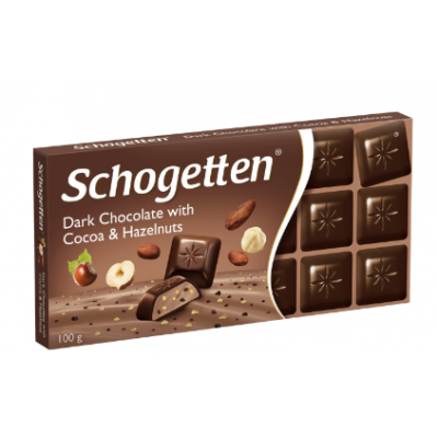 Плиточный шоколад  Schogetten Dark Chocolate with Cocoa & Hazelnuts 100г