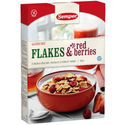 Безглютеновые хрустящие кукурузные хлопья Semper Flakes & Red Berries 300г с сушеной клубникой, малиной и вишней